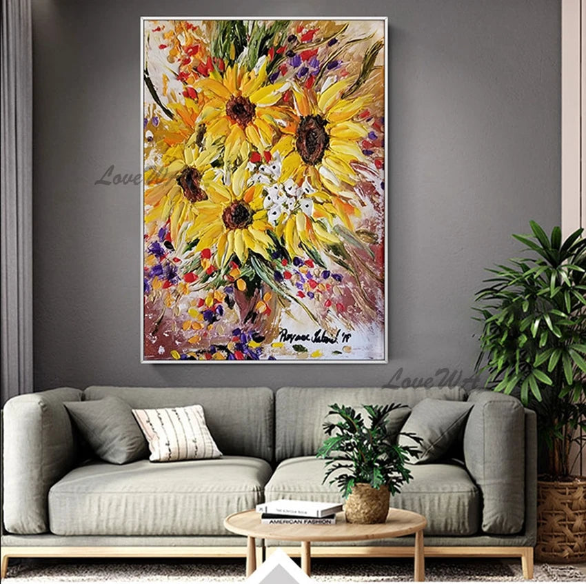 Hand-painted Abstract Oil Painting, Sunflowers Mural, Thick Texture Canvas Paintings, Villa Living Room Entrance Art Unframe