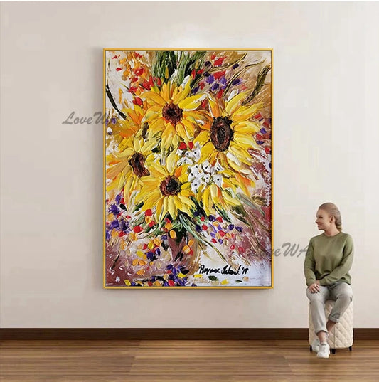 Hand-painted Abstract Oil Painting, Sunflowers Mural, Thick Texture Canvas Paintings, Villa Living Room Entrance Art Unframe