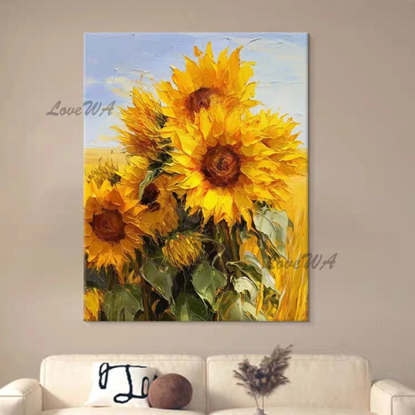 Hand-painted Abstract Oil Painting, Sunflowers Mural, Thick Texture Canvas Paintings, Villa Living Room Entrance Art Unframe