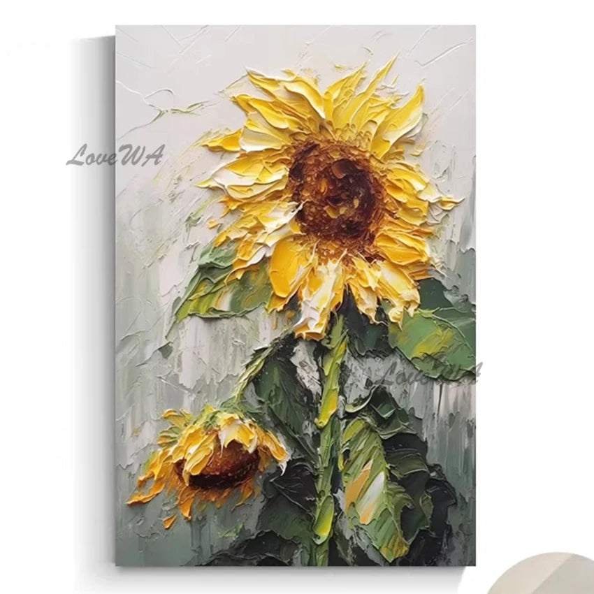 Hand-painted Abstract Oil Painting, Sunflowers Mural, Thick Texture Canvas Paintings, Villa Living Room Entrance Art Unframe