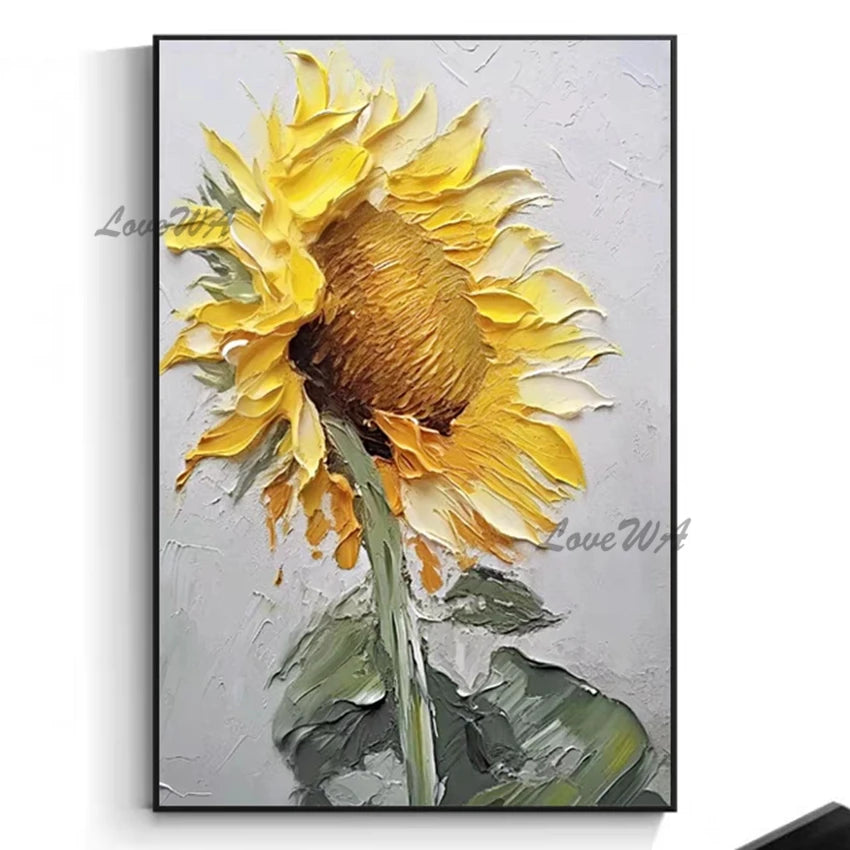 Hand-painted Abstract Oil Painting, Sunflowers Mural, Thick Texture Canvas Paintings, Villa Living Room Entrance Art Unframe
