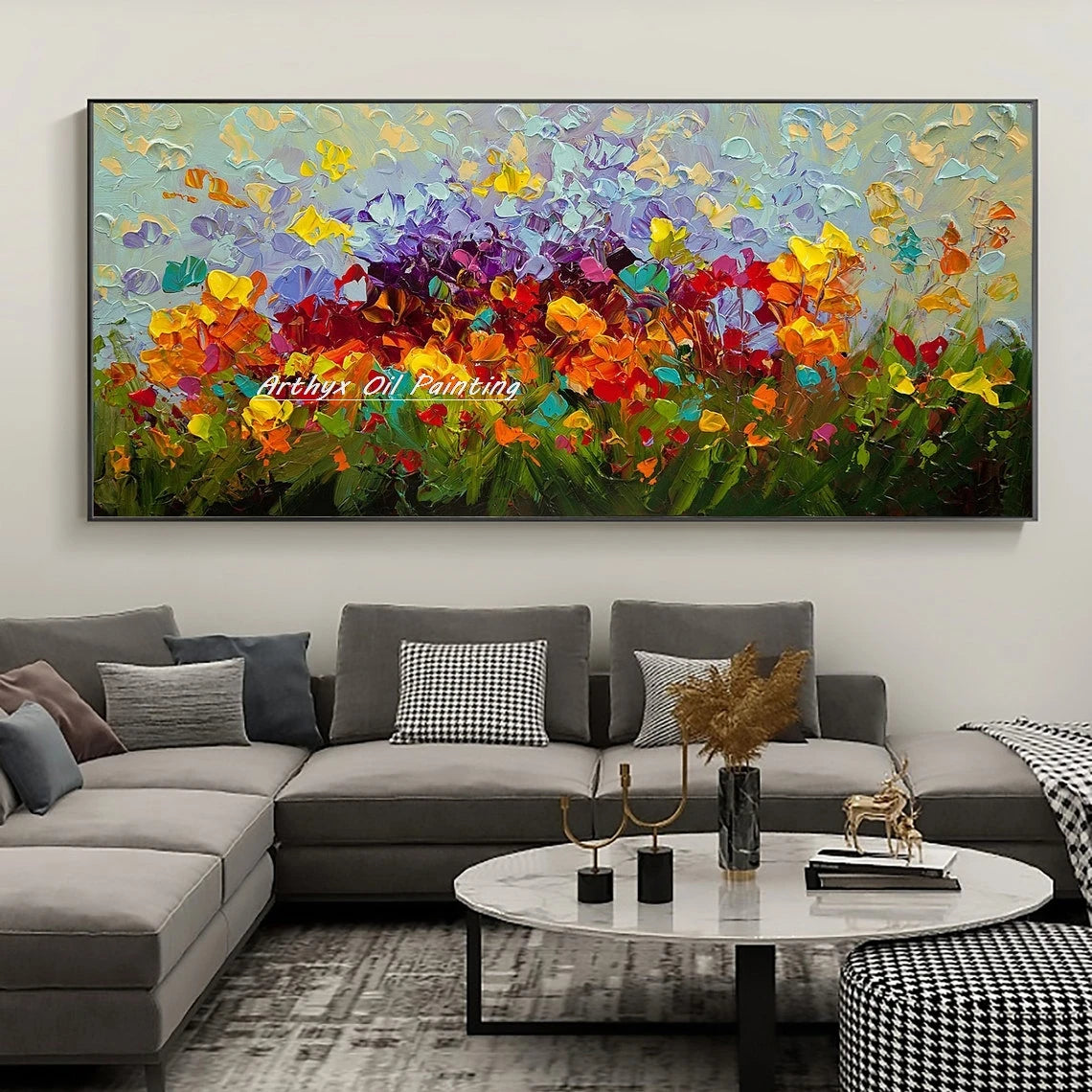 Wall Art,Hand Painted Colorful Abstract Flowers Landscape Oil Paintings on Canvas,