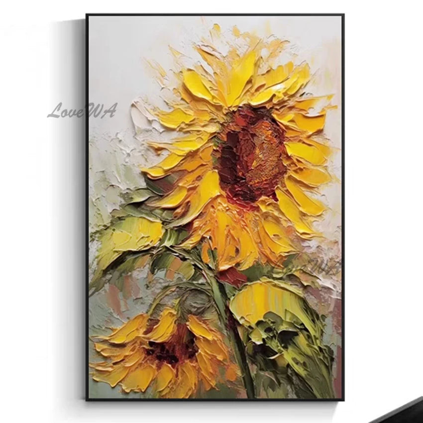 Hand-painted Abstract Oil Painting, Sunflowers Mural, Thick Texture Canvas Paintings, Villa Living Room Entrance Art Unframe