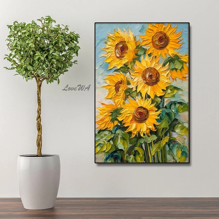 Hand-painted Abstract Oil Painting, Sunflowers Mural, Thick Texture Canvas Paintings, Villa Living Room Entrance Art Unframe