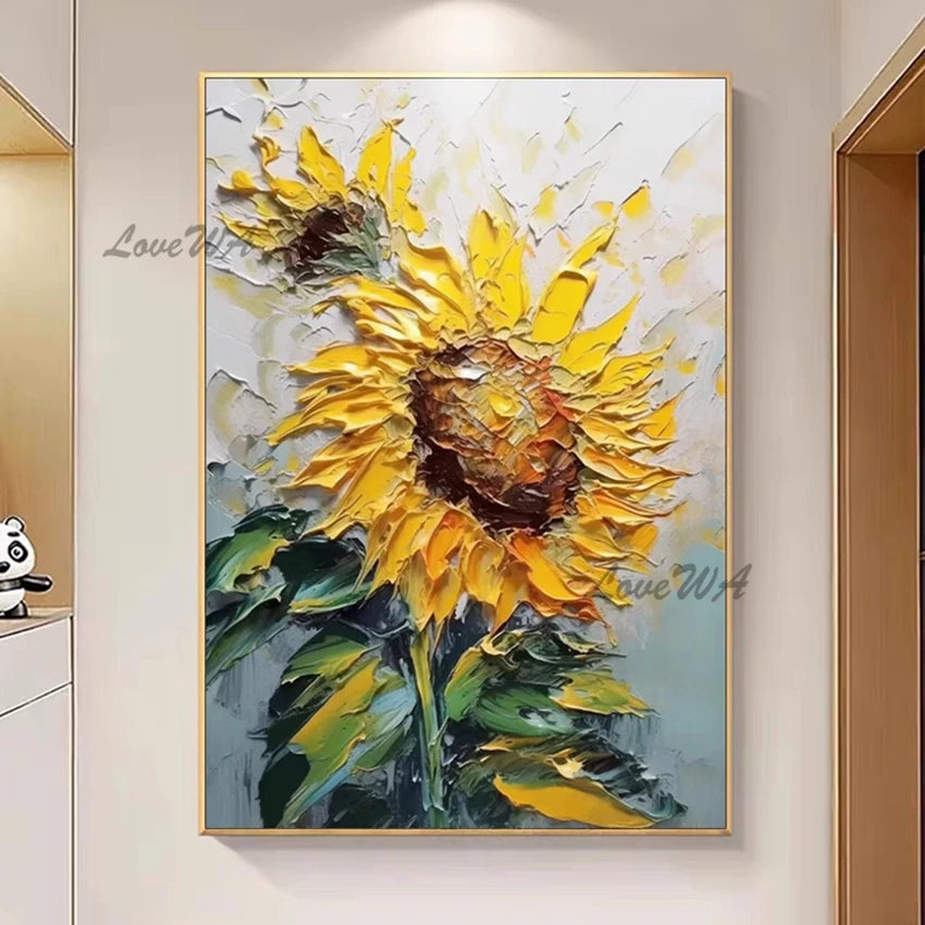 Hand-painted Abstract Oil Painting, Sunflowers Mural, Thick Texture Canvas Paintings, Villa Living Room Entrance Art Unframe