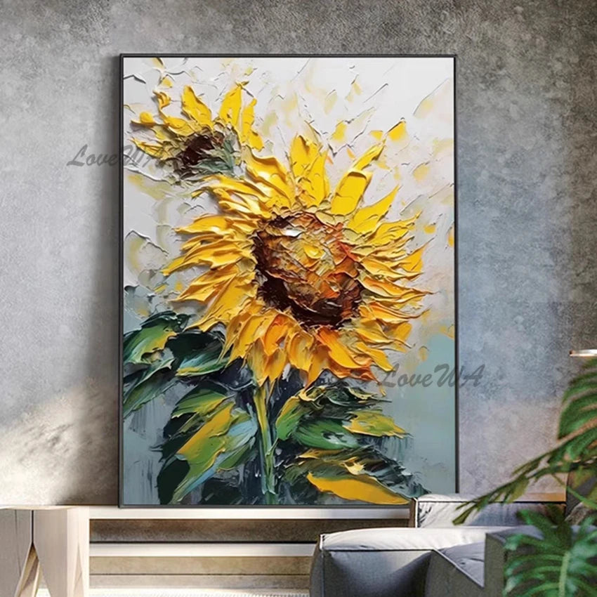 Hand-painted Abstract Oil Painting, Sunflowers Mural, Thick Texture Canvas Paintings, Villa Living Room Entrance Art Unframe