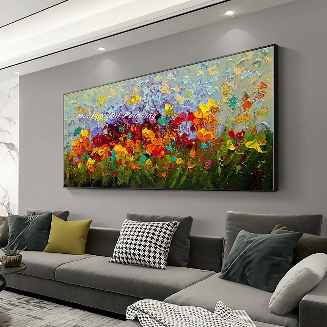 Wall Art,Hand Painted Colorful Abstract Flowers Landscape Oil Paintings on Canvas,