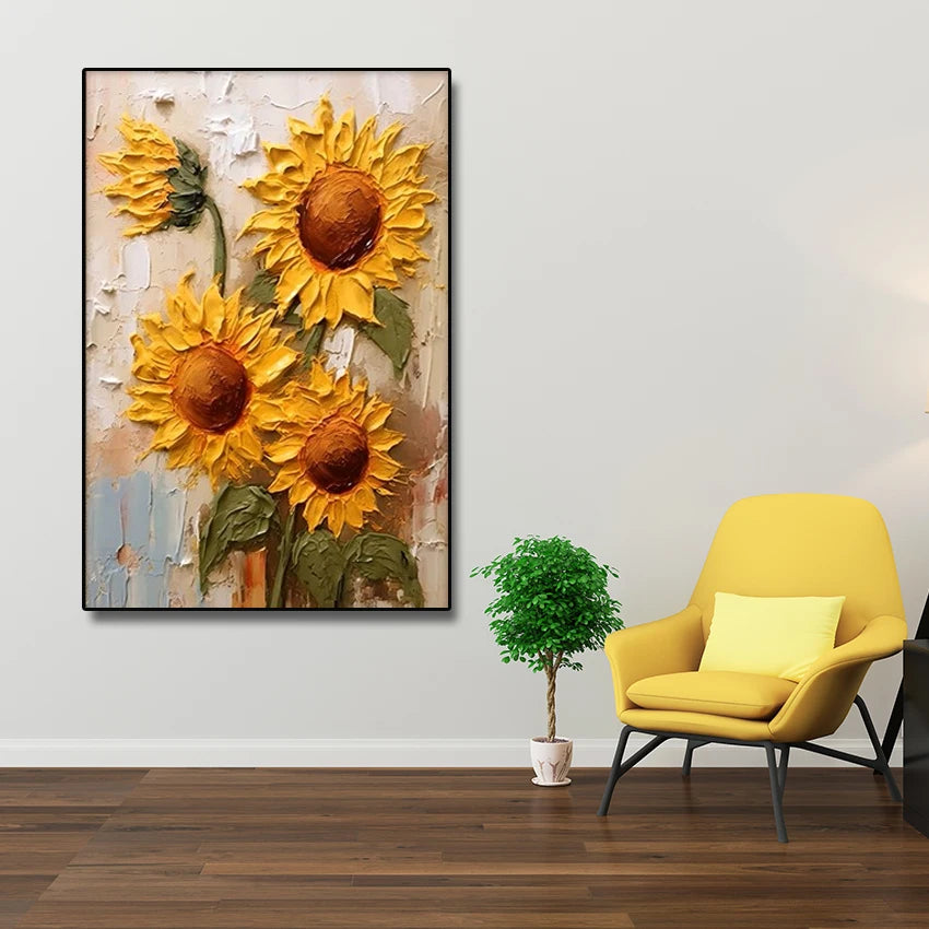 Hand-painted Abstract Oil Painting, Sunflowers Mural, Thick Texture Canvas Paintings, Villa Living Room Entrance Art Unframe