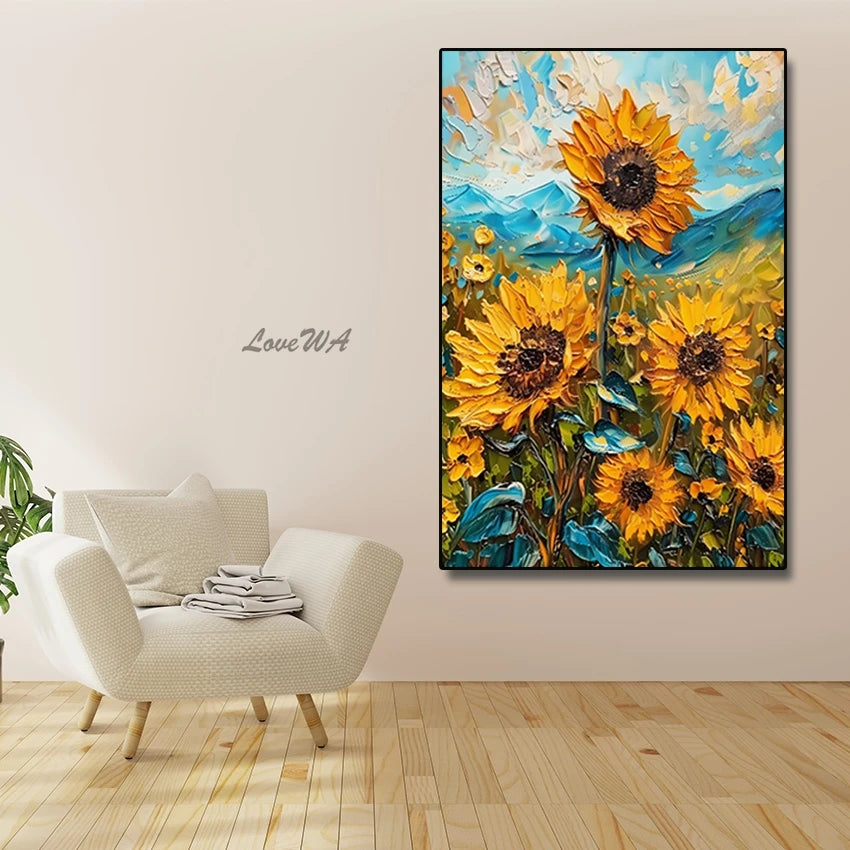 Hand-painted Abstract Oil Painting, Sunflowers Mural, Thick Texture Canvas Paintings, Villa Living Room Entrance Art Unframe