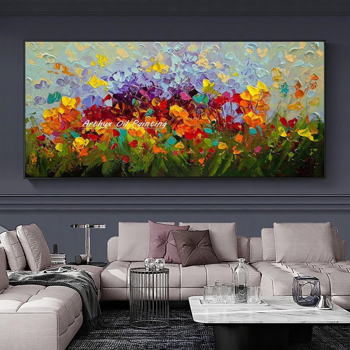 Wall Art,Hand Painted Colorful Abstract Flowers Landscape Oil Paintings on Canvas,