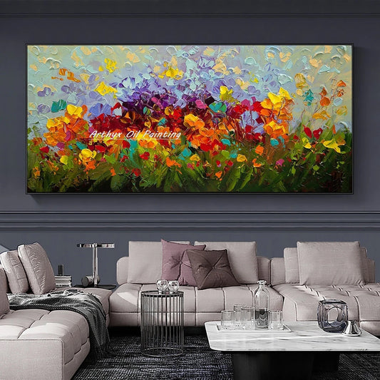 Wall Art,Hand Painted Colorful Abstract Flowers Landscape Oil Paintings on Canvas,