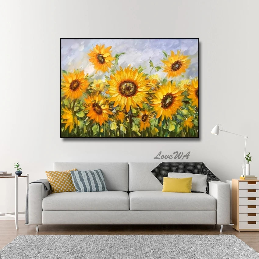 Hand-painted Abstract Oil Painting, Sunflowers Mural, Thick Texture Canvas Paintings, Villa Living Room Entrance Art Unframe