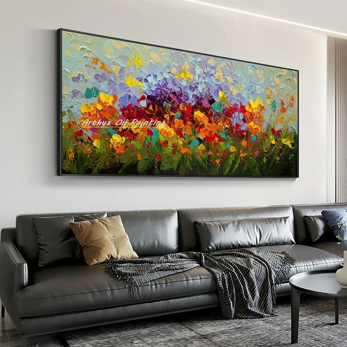 Wall Art,Hand Painted Colorful Abstract Flowers Landscape Oil Paintings on Canvas,